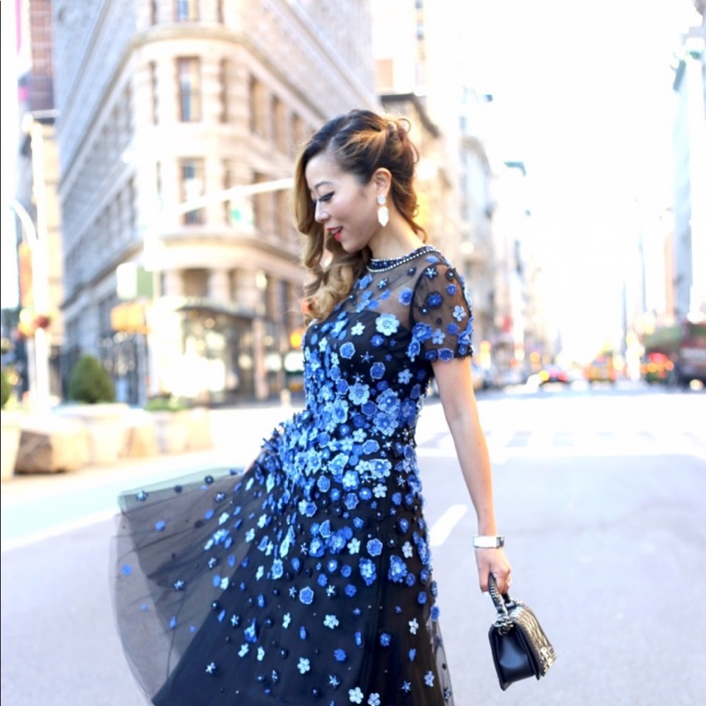 Teri John Midi gown black with blue appliqués